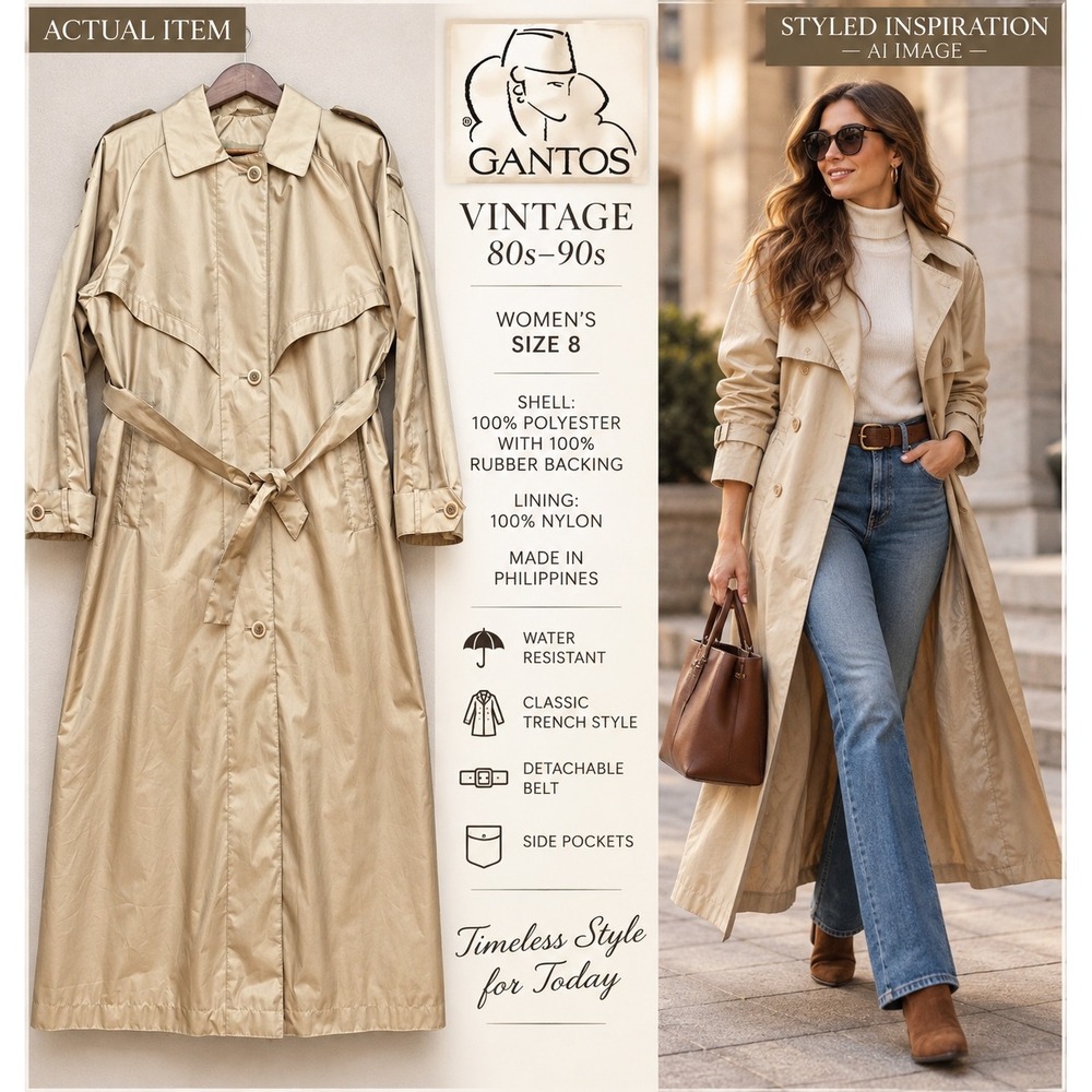 Gantos Trench Coat Womens Vintage 80s 90s Longline Tan Size 8 Excellent Classic